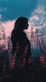 Backlit female silhouette stands in dusk meadow against cyan sky