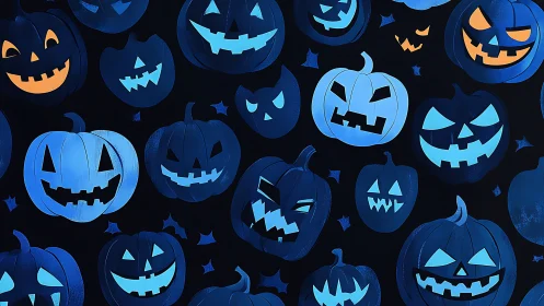 Blue jack o lantern pattern on dark Halloween background.