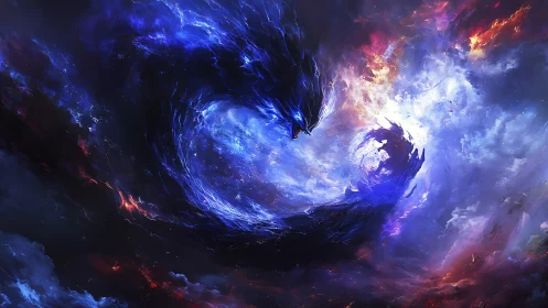 Cosmic storm dragon coils through nebulae of living fire.