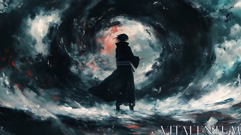 Solitary cloaked figure confronting turbulent cosmic vortex portal