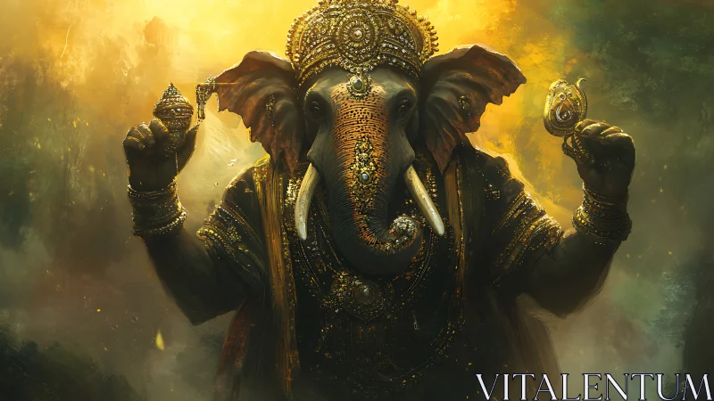 Ornate elephant deity portrait in radiant golden atmosphere