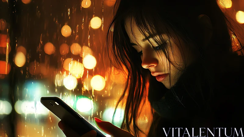 Side-lit woman studies smartphone against defocused city lights