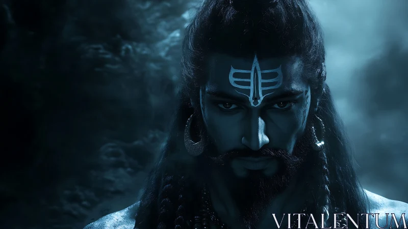 Brooding blue warrior gazes inward in a moody sacred night