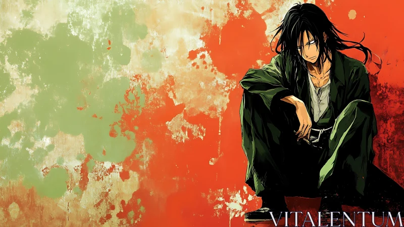 Brooding anime figure against distressed bicolor abstract backdrop