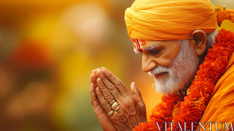 Devout elder in saffron robes with folded hands in prayer.