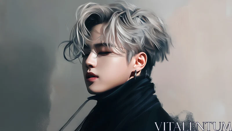 Moonlit silver hair drifts as quiet confidence takes form