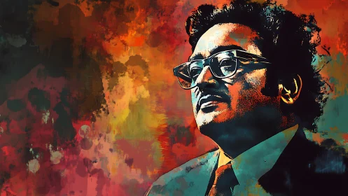 Digital painting portrait with expressive abstract color field background.