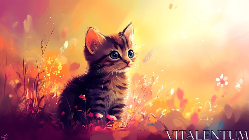 Tabby Kitten in Luminous Wildflower Field at Golden Hour