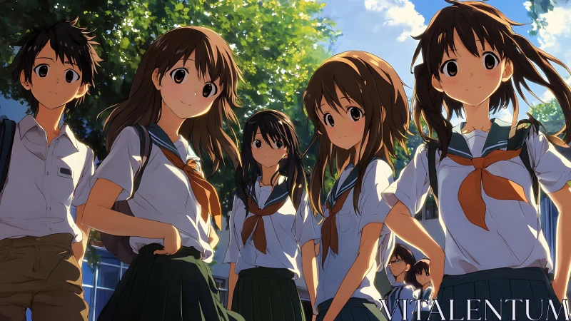 Group of students stands outdoors in uniform under sunlight
