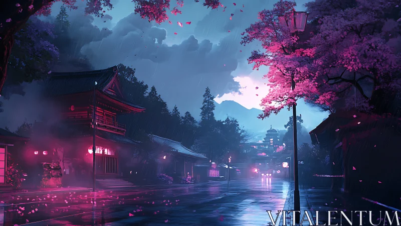 Rainy neon street with cherry blossoms and temple at dusk.