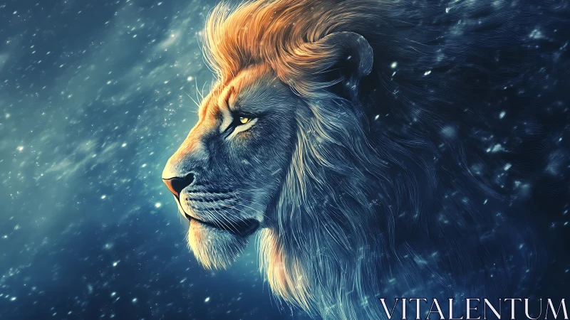 Celestial lion profile in luminous blue and gold aura.