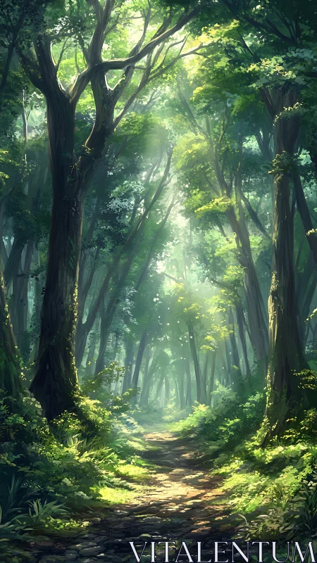 Sunlit Forest Path Through Towering Trees.