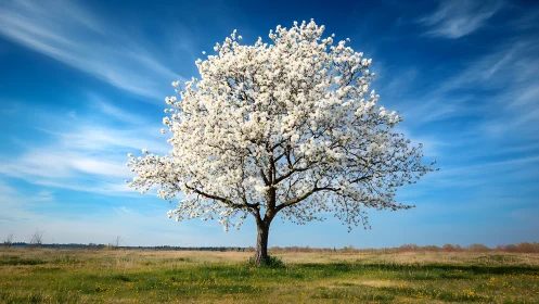 Blossoming cherry tree in spring landscape with vivid blue sky.