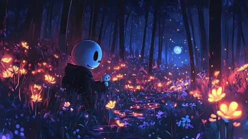 Moonlit forest stroll with a glowing little skeleton friend.