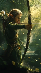Elf archer draws a detailed bow in a dense forest stream
