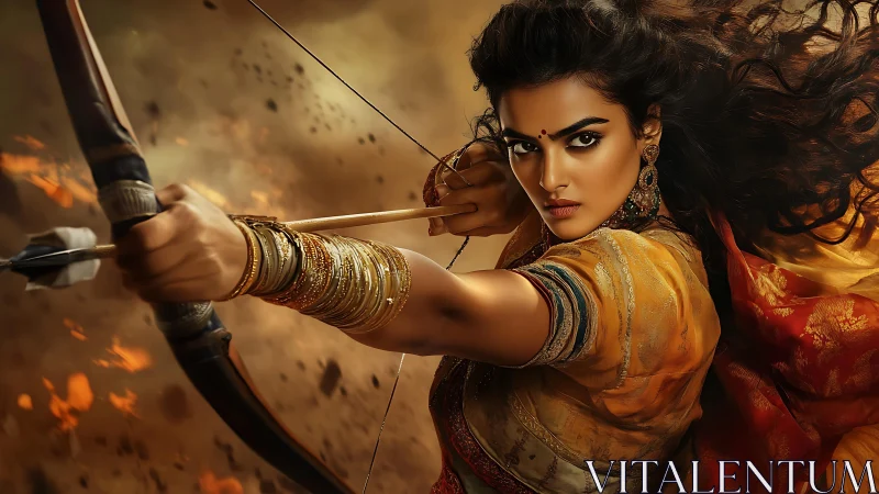 Warrior archer in ornate sari draws bow amid fiery smoke