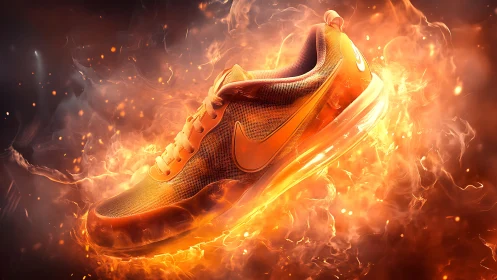 Orange athletic shoe surrounded by dynamic flame effects.