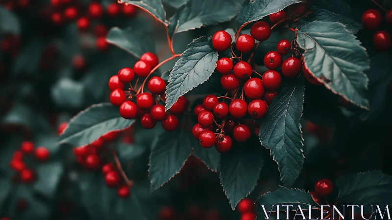 Ruby red berries glow softly against deep green garden leaves