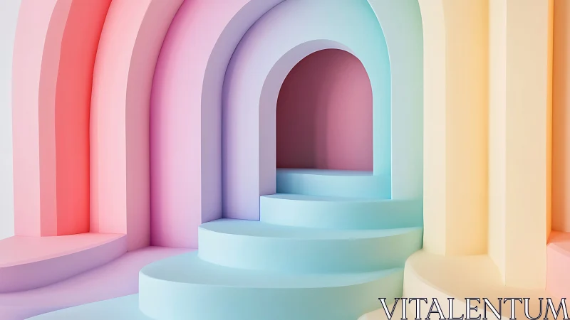 Curved pastel stairway with layered arched interior walls.