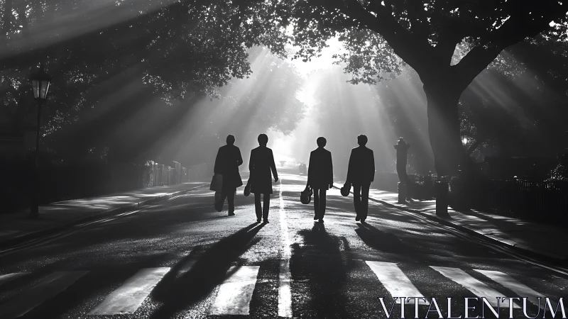 Sunlit friends strolling across a quiet leafy crosswalk.