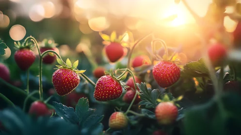 Ripe strawberry cluster in sunlit field with shallow depth of field