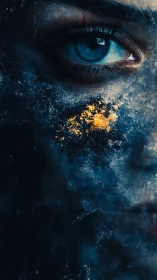 Close-up blue eye with textured pigment and dark abstraction.