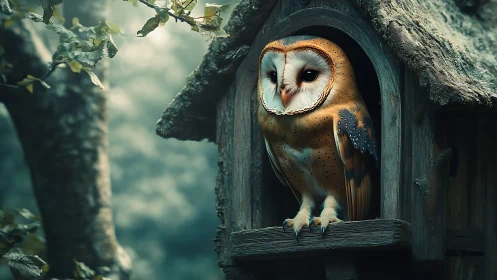 Barn owl perched in rustic wooden house, enchanting forest mood.