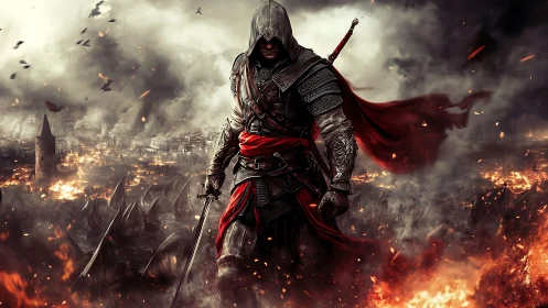 Hooded warrior strides through burning medieval siege landscape.