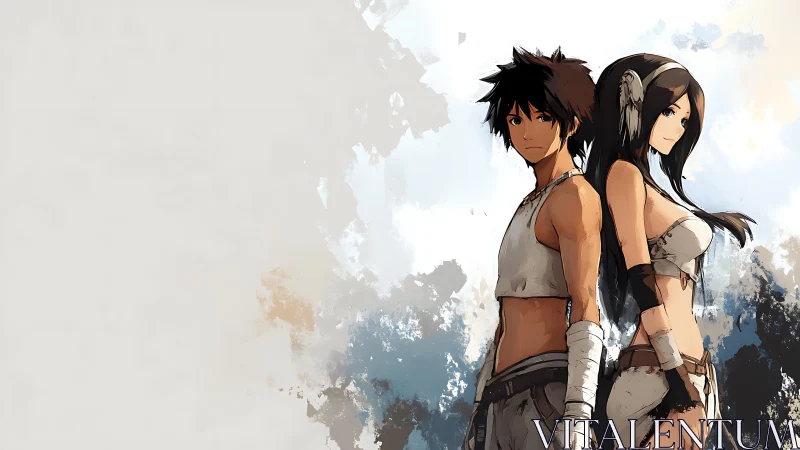 Back-to-back anime warriors amid abstract paint clouds.