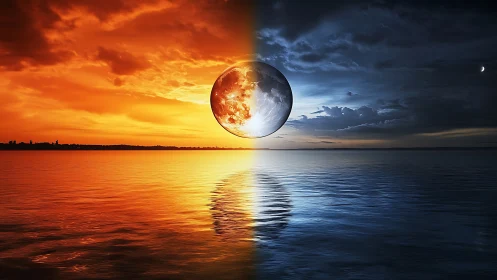 Celestial divide where molten sunset collides with lunar night.