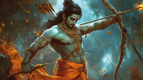 Heroic archer draws a flaming bow in a mystical forest scene