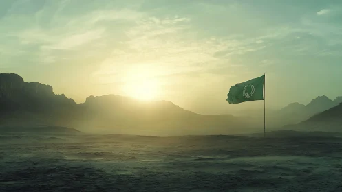 Lone green banner over misted desert plain at sunrise.
