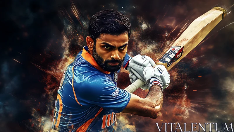 Cricket batsman drives shot through explosive smoky backdrop.