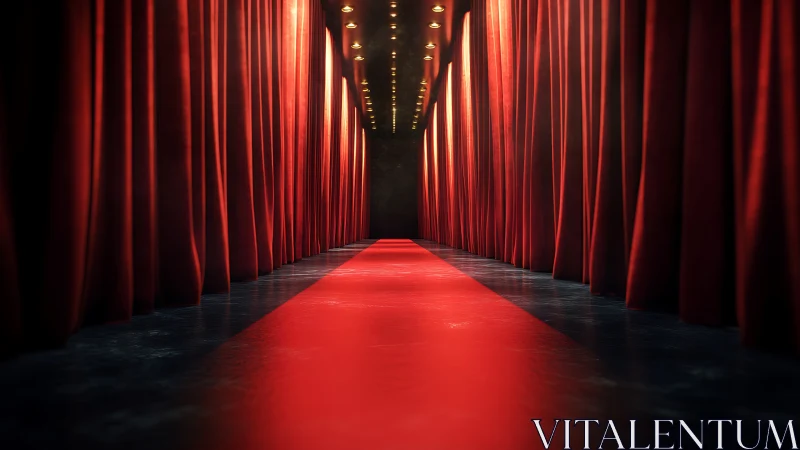 Red carpet corridor with dramatic stage curtains perspective.