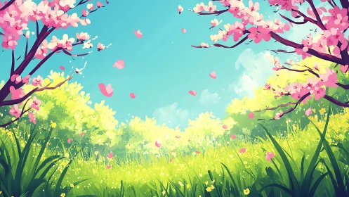 Spring blossom meadow under bright blue sky panorama.