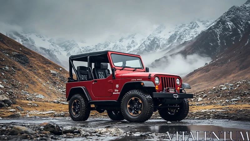 Red offroad jeep dominates rugged alpine mountain pass.