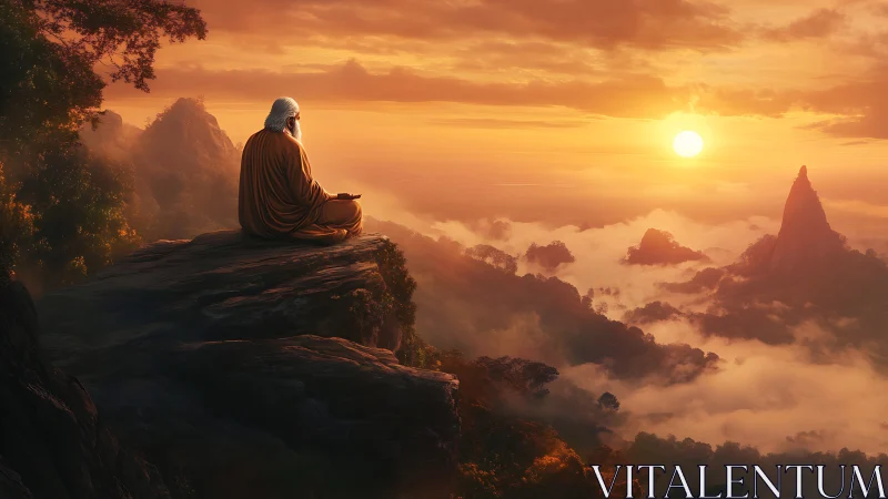 Solitary sage meditates above golden clouded sunrise ridge.