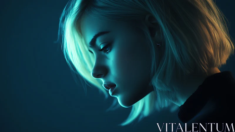 Electric dusk cradles a quiet profile in teal and gold light