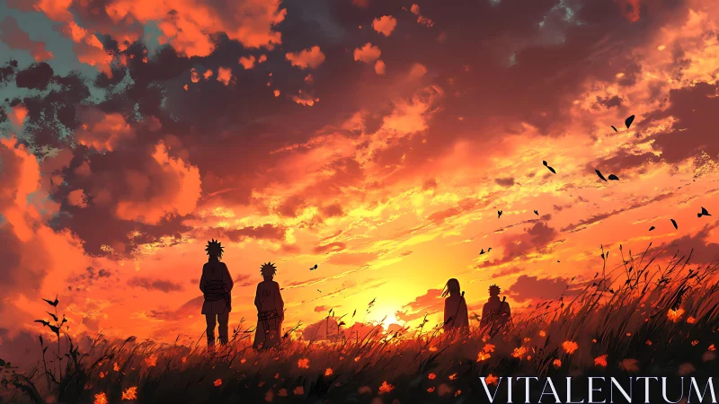 Sunset sky welcomes quiet friends walking through warm fields