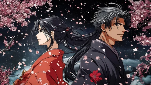 Samurai couple stand back to back under falling cherry blossoms