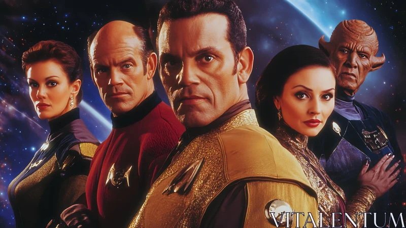 Galactic officers stand united against a cosmic backdrop.