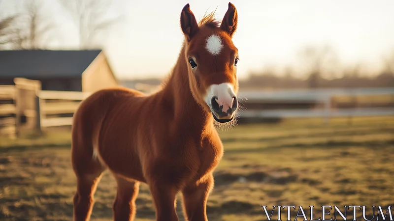Backlit foal portrait in warm rural evening light.
