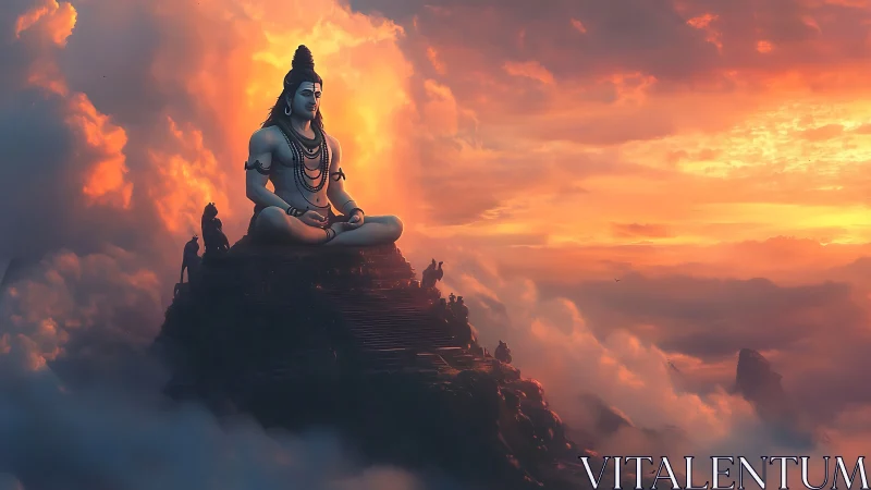 Colossal seated deity statue above cloud sea at sunset