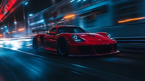 Red sports car streaks through neon city streets at night.