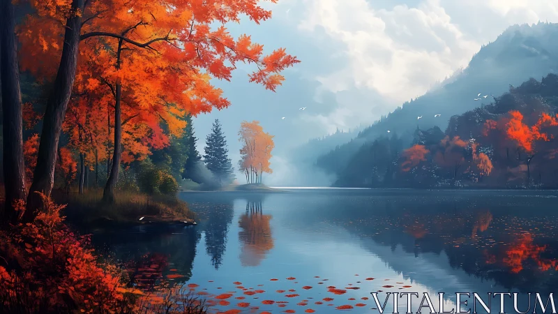 Golden autumn lake under misty mountains at sunrise.