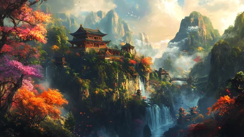 Mountain temple complex rises above misty cascading waterfalls