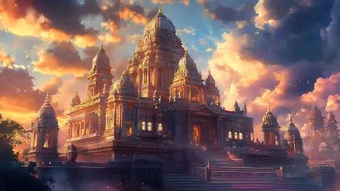 Sunlit monumental temple complex under dramatic sky.