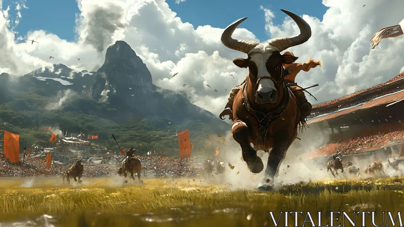 Mountain arena stampede with heroic charging bull riders.