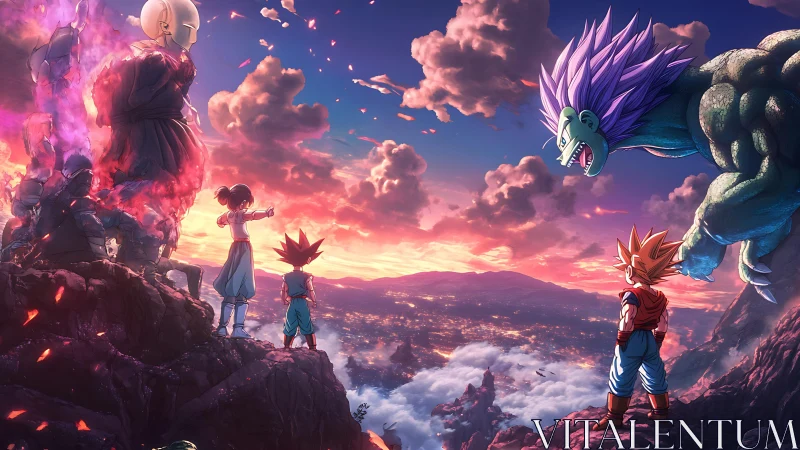 Anime heroes confront giant monster over burning valley.