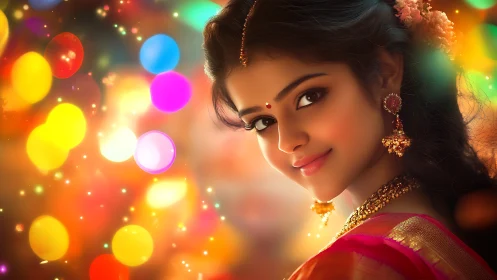 Digital portrait of festive Indian woman in warm bokeh glow.